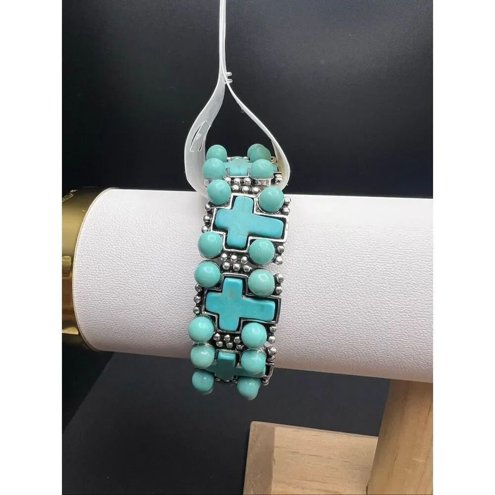 Tamina ByāStella Faux Turquoise Silver Tone Resin Stone Cross Stretch Bracelet